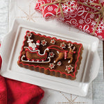 Decorated rectangular cake showing Santa in a sleigh and reindeer design made from a Nordic Ware loaf pan