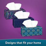 Three decorative rectangular tissue boxes with tissues pulled from the tops, arranged against a purple background and headline 'Designs that fit your home'