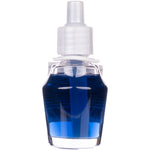 Front view of a clear refill bottle filled with deep blue fragrance oil and a white cap on a white background