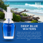 Promotional scene showing a Better Homes & Gardens Deep Blue Waters refill bottle against a beach backdrop with descriptive text