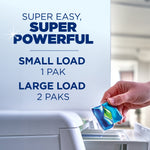 Hand placing a blue-green detergent pak into a washer drawer with dosing guidance text for small and large loads