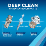 Product graphic showing 'Deep Clean hard-to-reach parts' with illustrated pipes, spray arm and filter and Finish branding
