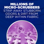 Graphic infographic panel describing micro-scrubbers stripping odors and dirt with stylized fabric illustration