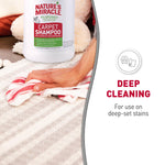 Hand blotting a striped rug with a towel and Nature’s Miracle carpet shampoo bottle above deep cleaning text