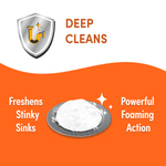 Feature graphic with shield icon, headline DEEP CLEANS and image of a foaming disposal tablet with supporting text