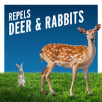 Graphic of a deer and rabbit on grass with bold headline stating it repels deer & rabbits on blue background