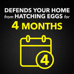 Black textured graphic with bold yellow text and calendar icon stating it defends your home from hatching eggs for 4 months