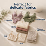Flatlay of delicate garments including lingerie, knits, silk and wool with the headline 'Perfect for delicate fabrics'.