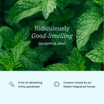 Background of fresh mint leaves with overlay text ‘Ridiculously Good-Smelling’ and ‘Delightful Mint’
