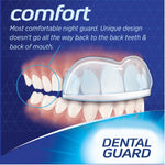 Illustration showing a front-tooth dental guard positioned over upper teeth with comfort messaging and 'dental guard' label