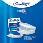 Dental guard displayed with a white storage case and instruction booklet on a blue background, storage case included text
