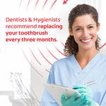Smiling dental hygienist holding a clipboard beside text advising replacement of toothbrush every three months on a branded background