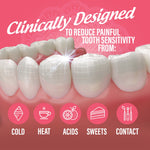 Dental illustration of teeth and gums with a highlighted tooth and icons showing triggers like cold, heat, acids, sweets and contact.