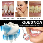 Composite graphic showing stained teeth, bad breath, yellow teeth and a bright smiling mouth promoting dental improvement