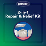 DenTek branded graphic reading “2-in-1 Repair & Relief Kit” with illustration of an applicator placing repair material on a tooth
