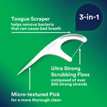 Illustrated DenTek floss pick with callouts for tongue scraper, ultra-strong scrubbing floss and micro-textured pick