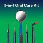 Five dental tools from the DenTek kit arranged vertically against a green gradient background with '5-in-1 Oral Care Kit' headline.