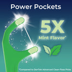 Close-up stylized image of a green floss pick highlighting ‘5X Mint Flavor’ power pockets and mint leaves