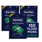 Three navy DenTek Advanced Clean floss pick pouches with a 150 floss picks graphic on a dark background.