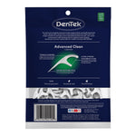 Close-up back view of DenTek Advanced Clean pouch showing product features, a clear window with white floss picks and barcode.