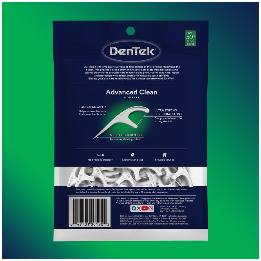 Back of DenTek Advanced Clean floss picks pouch showing product copy, barcode and partially visible picks through window