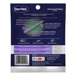 Back of DenTek Advanced Clean slim interdental brush package showing purple brushes, product features and barcode.