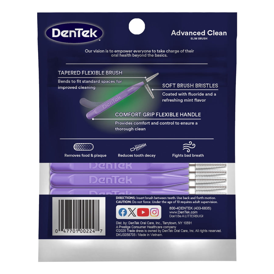 Back of DenTek Advanced Clean slim interdental brush package showing purple brushes, product features and barcode.