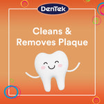 Orange DenTek graphic with smiling tooth illustration and text 'Cleans & Removes Plaque' in a white framed panel.