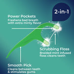 Illustration of a green DenTek floss pick with labeled features: power pockets, scrubbing floss and smooth pick