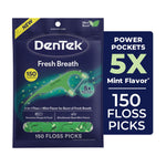 DenTek Fresh Breath resealable pouch showing green floss pick graphic and 150 floss picks callout