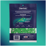 Back of DenTek Fresh Breath pouch showing product information, barcode and visible green floss picks through window