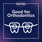 DenTek graphic reading “Good for Orthodontics” with stylized teeth-and-braces icon on purple background
