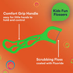Close-up product graphic of a green DenTek kids flosser showing comfort grip handle and scrubbing floss callouts.