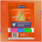 Back of an orange DenTek Kids Fun Flossers pouch showing product illustrations, informational panel, and barcode.