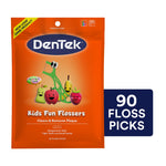Front of an orange DenTek pouch showing Kids Fun Flossers packaging with cartoon fruit and a bold '90 floss picks' badge.
