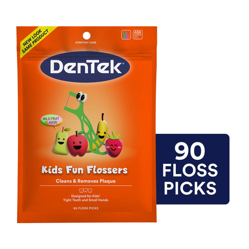 Front of an orange DenTek pouch showing Kids Fun Flossers packaging with cartoon fruit and a bold '90 floss picks' badge.