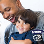 Lifestyle photo of an adult and young child smiling together with a DenTek logo and tagline in the corner.