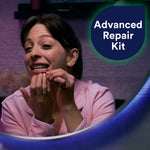 Lifestyle image of a person looking into a mirror applying a dental repair with a circular badge reading “Advanced Repair Kit”