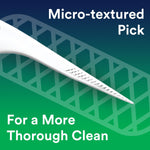 Macro close-up of a white DenTek micro-textured pick tip with text 'Micro-textured Pick' and 'For a More Thorough Clean'.