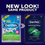 Graphic comparing old and new DenTek Advanced Clean packaging with text 'NEW LOOK! SAME PRODUCT' and arrow between bags.