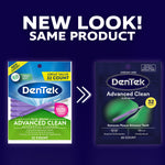 Graphic showing old and new DenTek Advanced Clean packaging with ‘New look! Same product’ headline