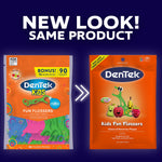 Graphic comparing old and new orange DenTek Kids Fun Flossers packaging with 'NEW LOOK! SAME PRODUCT' headline.