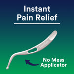 Illustration of the curved DenTek applicator on green-blue background with text “Instant Pain Relief” and “No Mess Applicator”