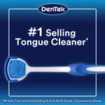 Horizontal image of a DenTek Orabrush tongue cleaner with text ‘#1 Selling Tongue Cleaner’ on navy background