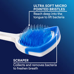 Close-up macro of the DenTek Orabrush blue bristle pad and scraper with callouts reading ‘ULTRA SOFT MICRO POINTED BRISTLES’ and ‘SCRAPER’.