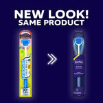 Graphic comparing old and new DenTek Orabrush packaging with arrow and ‘NEW LOOK! SAME PRODUCT’ headline