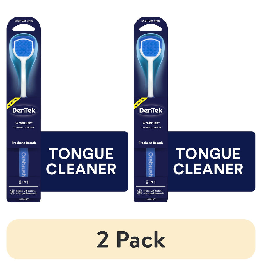 Two DenTek Orabrush tongue cleaner packages side by side with a beige banner reading ‘2 Pack’ below on white background.