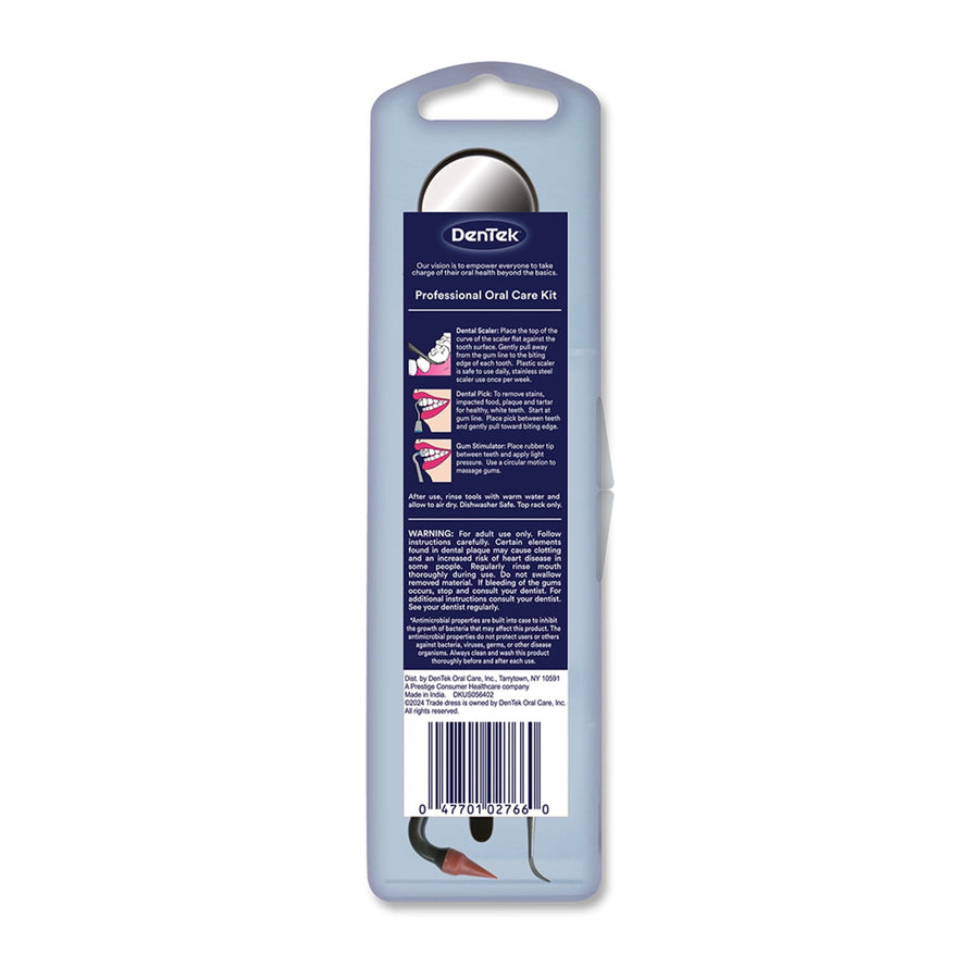 Back of DenTek Professional Oral Care Kit retail blister pack showing navy instruction panel, warnings and barcode at the bottom.