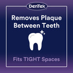 DenTek feature graphic stating “Removes Plaque Between Teeth” with tooth icon and tight-spaces claim