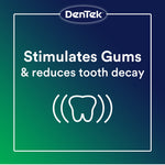 DenTek branded square graphic stating 'Stimulates Gums & reduces tooth decay' with a tooth icon on blue-green gradient.